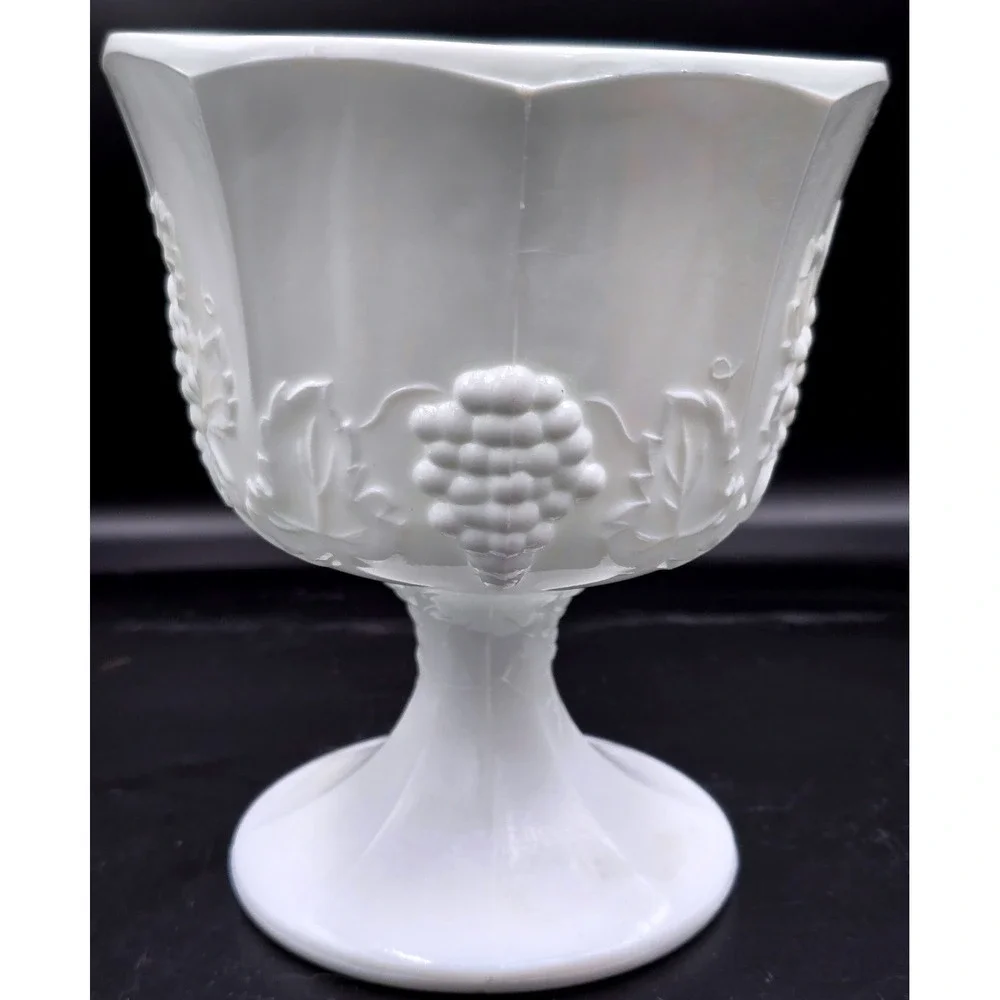 Harvest Grape Indianan Glass Vintage Milk Glass Hobnail Footed Compote Dish 70's